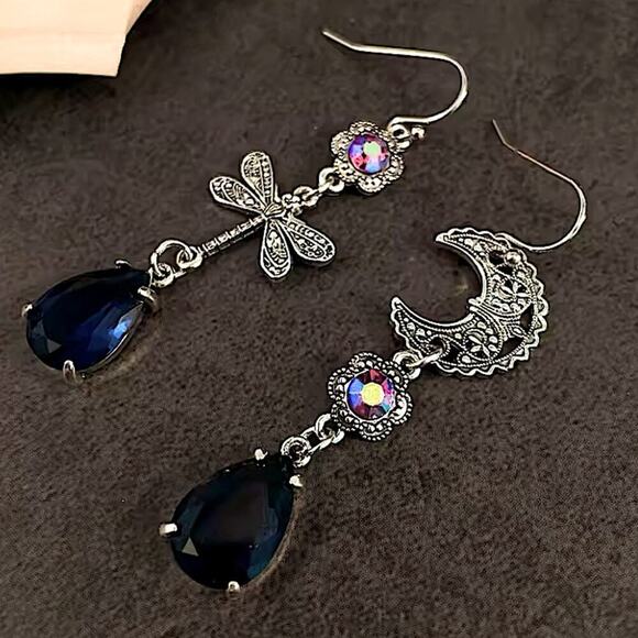 Sapphire Carved Moon Dragonfly Blue Zircon Asymmetric Earrings Women Girls Gift - Picture 4 of 5